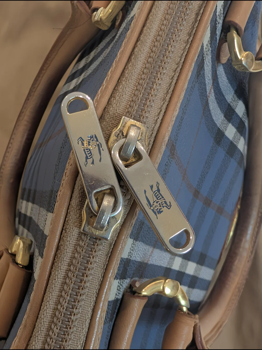 Vintage Burberrys Of London Blue Nova Check Bowling Satchel with Tan Leather